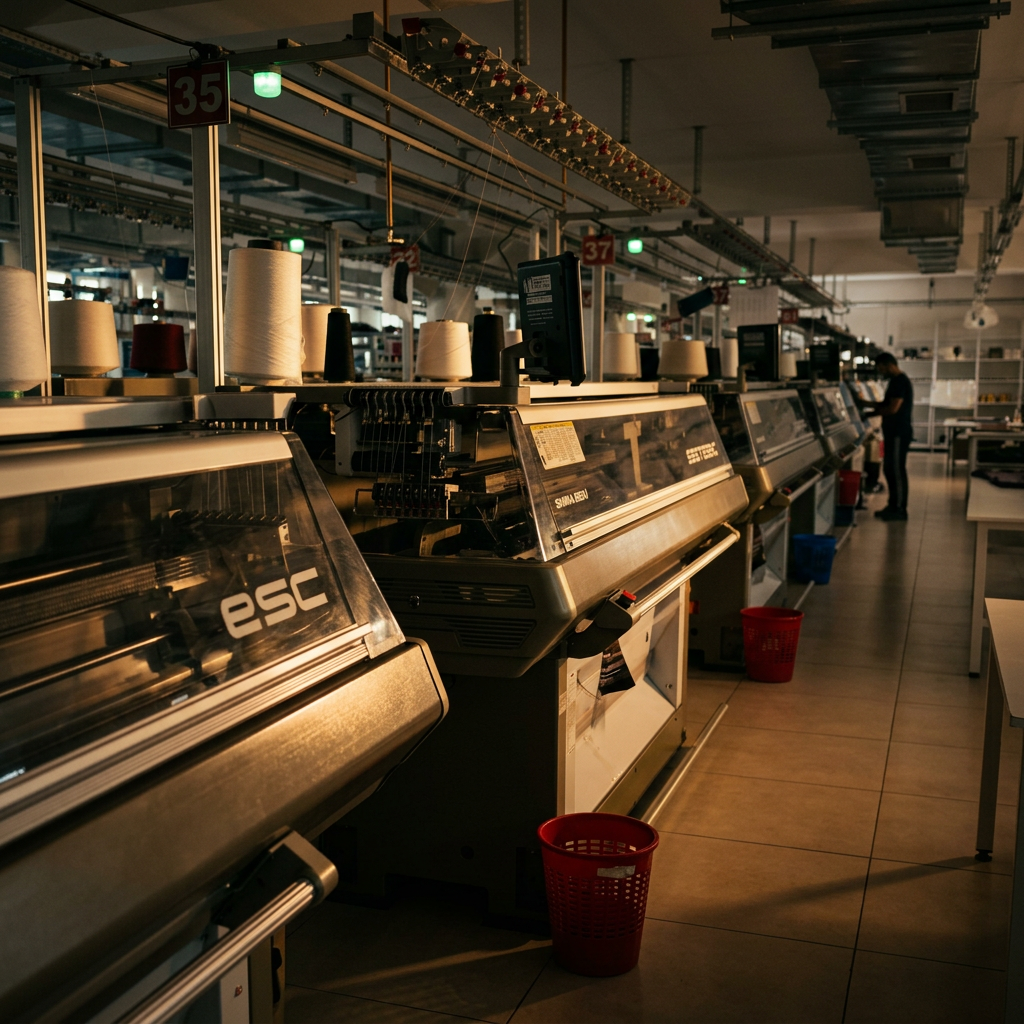 Rows of industrial flat-knitting machines on the Turu Tekstil production floor